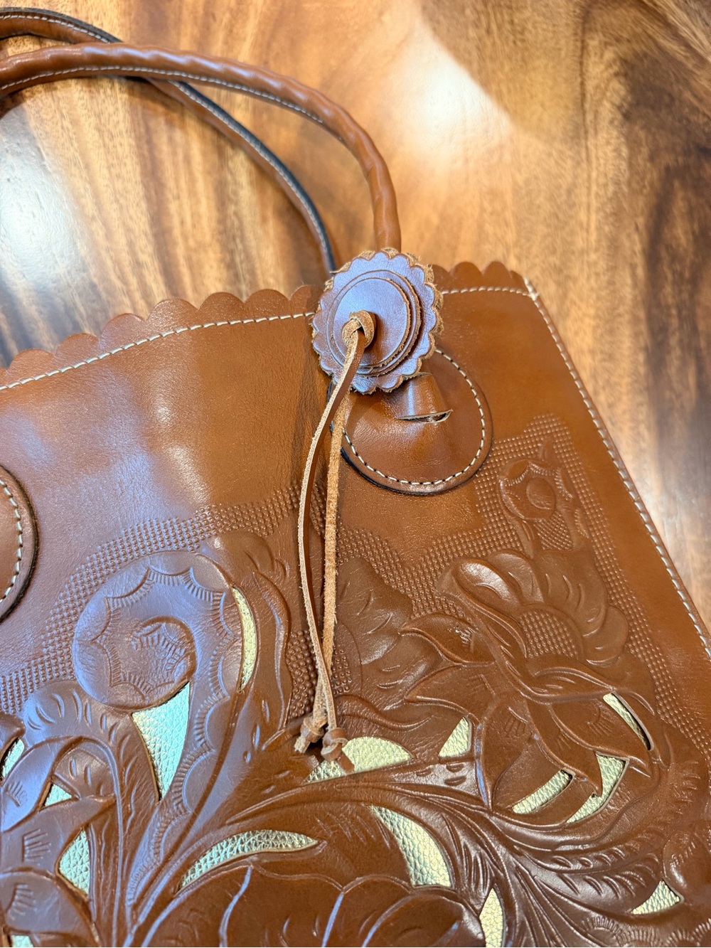 Patricia Nash Tooled Leather Floral Cutout Shopper. Gold Leather Underlay. GUC - Picture 15 of 17